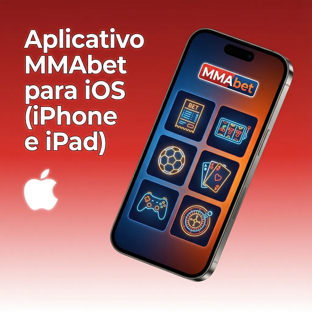 Tela de iPhone exibindo o aplicativo MMAbet iOS com apostas esportivas, cassino e bônus em português