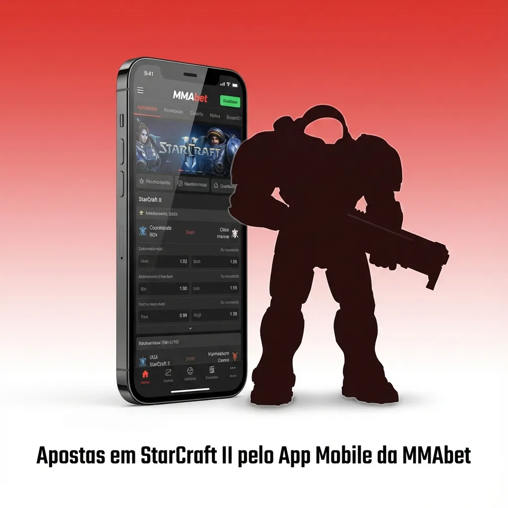 Tela de celular com app MMAbet aberto mostrando apostas ao vivo em partidas de StarCraft II