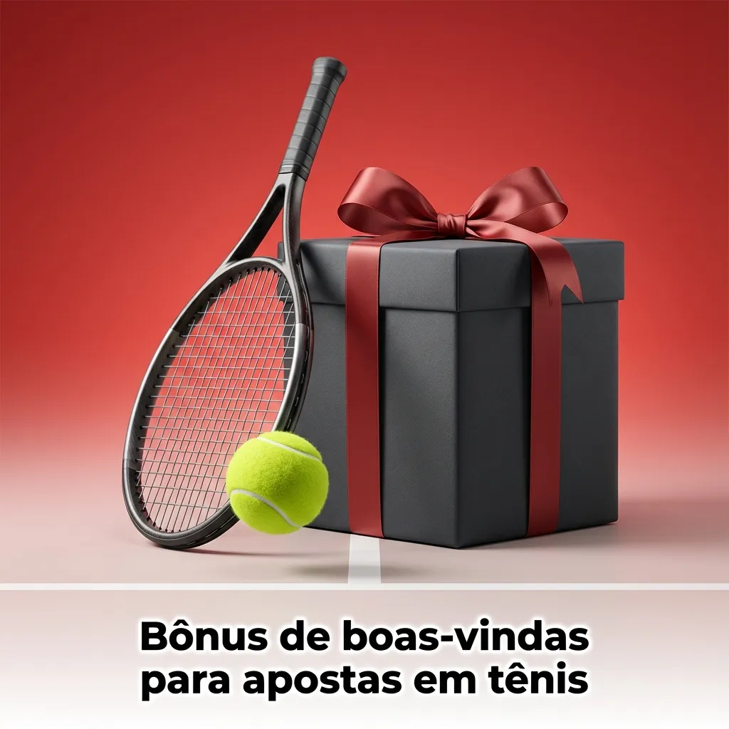 Banner de bônus de boas-vindas para apostas em tênis, com raquete, bola e destaque para depósito inicial