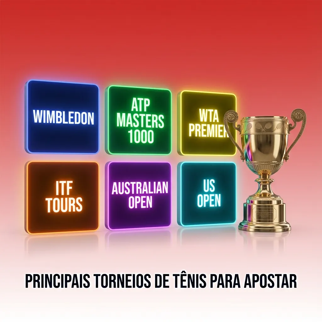 Quadra de tênis com bolas e raquetes, ícones representando Grand Slams e vários torneios para apostas esportivas
